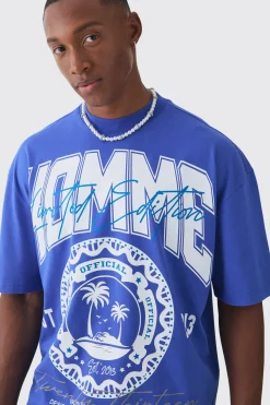 Oversized Boxy Extended Neck Homme Palm Tree T-shirt | BoohooMAN UK