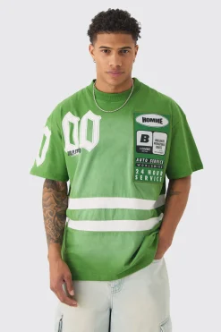 Oversized Boxy Extended Neck Washed Applique Moto T-shirt | BoohooMAN UK
