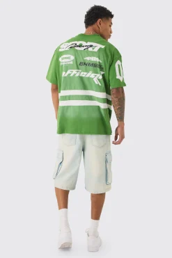 Oversized Boxy Extended Neck Washed Applique Moto T-shirt | BoohooMAN UK