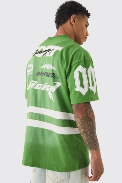 Oversized Boxy Extended Neck Washed Applique Moto T-shirt | BoohooMAN UK