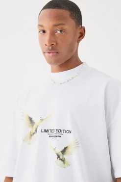 Oversized Boxy Extended Neck Limited Edition Dove Back Print T-shirt | BoohooMAN UK