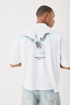 Oversized Boxy Extended Neck Limited Edition Dove Back Print T-shirt | BoohooMAN UK