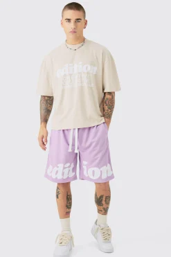 Oversized Boxy Extended Neck Mesh T-shirt & Short Set | BoohooMAN UK