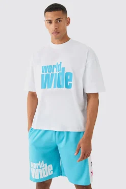 Oversized Boxy Extended Neck Worldwide T-shirt Mesh Shorts Set | BoohooMAN UK