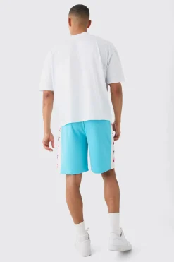 Oversized Boxy Extended Neck Worldwide T-shirt Mesh Shorts Set | BoohooMAN UK
