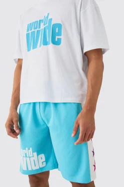 Oversized Boxy Extended Neck Worldwide T-shirt Mesh Shorts Set | BoohooMAN UK