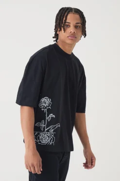 Oversized Boxy Extended Neck Line Drawn T-shirt | BoohooMAN UK