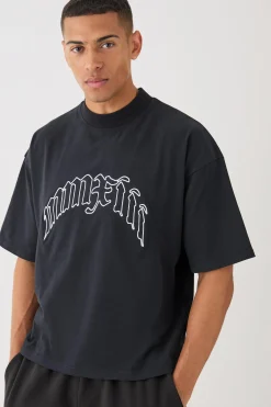 Oversized Boxy Extended Neck Peached Heavyweight Line Drawning T-shirt | BoohooMAN UK