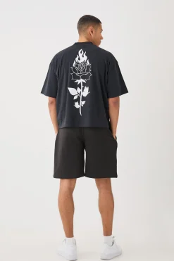 Oversized Boxy Extended Neck Peached Heavyweight Line Drawning T-shirt | BoohooMAN UK