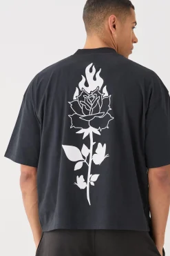 Oversized Boxy Extended Neck Peached Heavyweight Line Drawning T-shirt | BoohooMAN UK