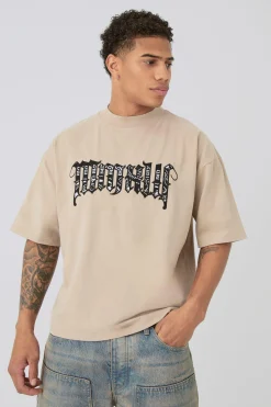 Oversized Boxy Extended Neck Peached Heavyweight Applique T-shirt | BoohooMAN UK