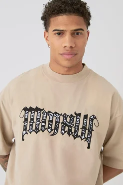 Oversized Boxy Extended Neck Peached Heavyweight Applique T-shirt | BoohooMAN UK