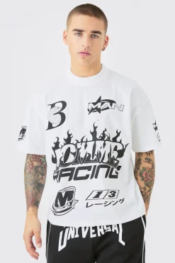 Oversized Boxy Extended Neck Homme Moto Graphic T-shirt | BoohooMAN UK