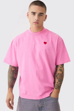 Oversized Boxy Extended Neck Heart Embroidered T-shirt | BoohooMAN UK