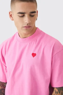 Oversized Boxy Extended Neck Heart Embroidered T-shirt | BoohooMAN UK