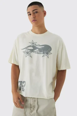Oversized Boxy Extended Neck Flame Star Print T-Shirt | BoohooMAN UK