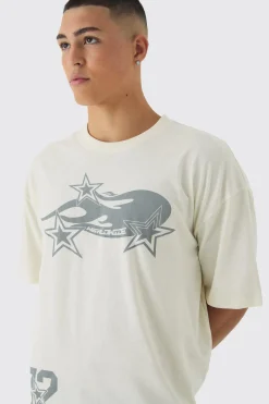 Oversized Boxy Extended Neck Flame Star Print T-Shirt | BoohooMAN UK
