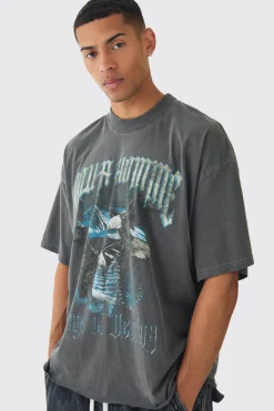 Oversized Boxy Extended Neck Eagle Print Raw Hem T-Shirt | BoohooMAN UK