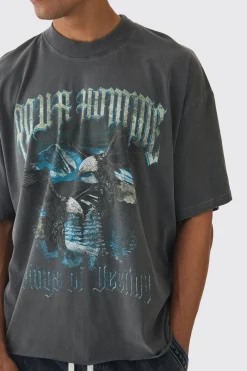 Oversized Boxy Extended Neck Eagle Print Raw Hem T-Shirt | BoohooMAN UK
