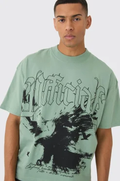 Oversized Boxy Extended Neck Washed Large Scale Print T-Shirt | BoohooMAN UK