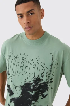 Oversized Boxy Extended Neck Washed Large Scale Print T-Shirt | BoohooMAN UK