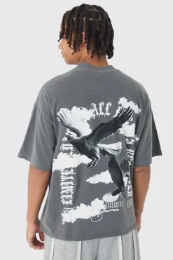 Oversized Boxy Extended Neck Large Scale Wash Dove Back Print T-Shirt | BoohooMAN UK