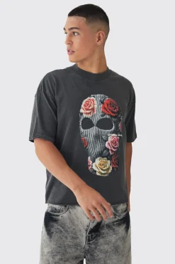 Oversized Boxy Extended Neck Washed Mask Print T-Shirt | BoohooMAN UK