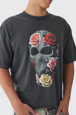 Oversized Boxy Extended Neck Washed Mask Print T-Shirt | BoohooMAN UK