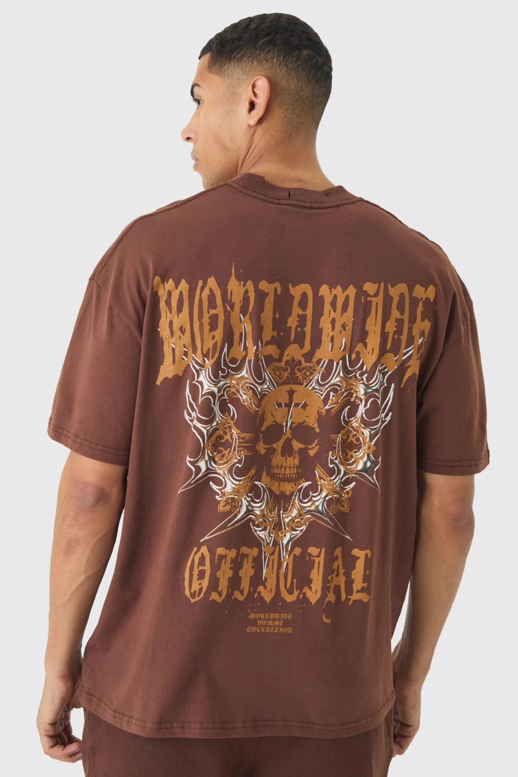 Oversized Boxy Extended Neck Distressed Skull Print T-Shirt | BoohooMAN UK