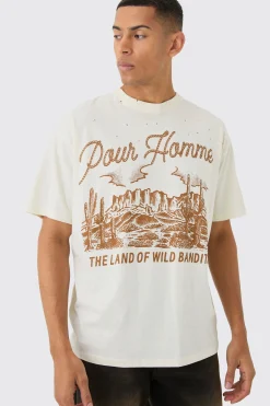 Oversized Boxy Extended Neck Distressed Rodeo Print T-Shirt | BoohooMAN UK