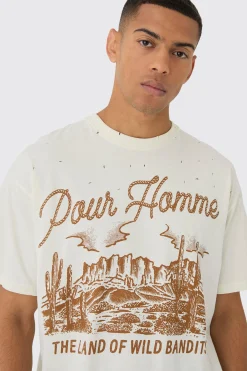 Oversized Boxy Extended Neck Distressed Rodeo Print T-Shirt | BoohooMAN UK