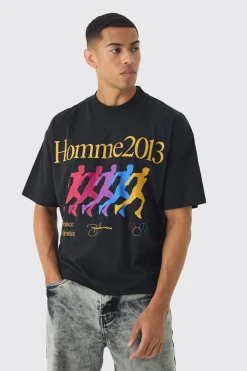 Oversized Boxy Extended Neck Homme Running Print T-Shirt | BoohooMAN UK