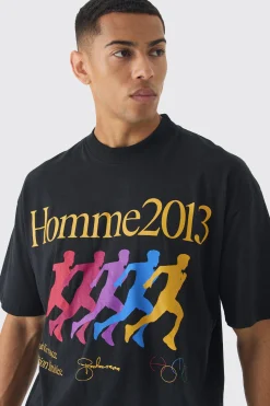 Oversized Boxy Extended Neck Homme Running Print T-Shirt | BoohooMAN UK
