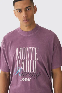 Oversized Boxy Extended Neck Monte Carlo Print Wash T-Shirt | BoohooMAN UK