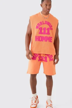 Oversized Boxy Extended Waffle Applique Tank & Shorts Set | BoohooMAN UK