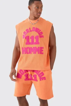 Oversized Boxy Extended Waffle Applique Tank & Shorts Set | BoohooMAN UK
