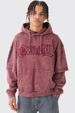 Oversized Boxy Faux Layer Acid Wash Ofcl Embroidered Hoodie | BoohooMAN UK