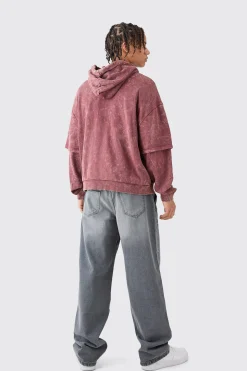 Oversized Boxy Faux Layer Acid Wash Ofcl Embroidered Hoodie | BoohooMAN UK
