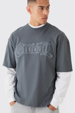 Oversized Boxy Faux Layer Embroidered Ofcl T-shirt | BoohooMAN UK