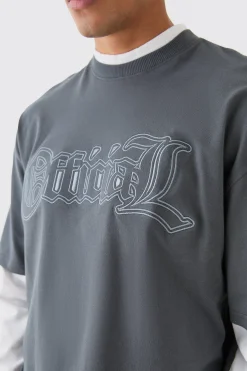 Oversized Boxy Faux Layer Embroidered Ofcl T-shirt | BoohooMAN UK