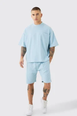 Oversized Boxy Fit Double Knit Mesh T-shirt & Short Set | BoohooMAN UK