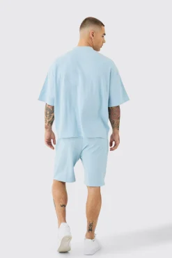 Oversized Boxy Fit Double Knit Mesh T-shirt & Short Set | BoohooMAN UK