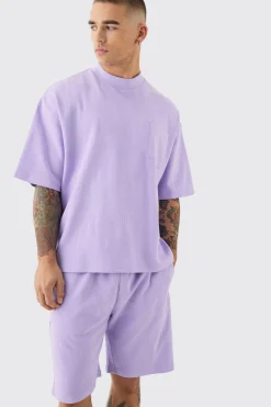 Oversized Boxy Fit Double Knit Mesh T-shirt & Short Set | BoohooMAN UK