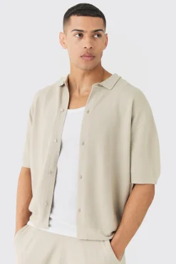 Oversized Boxy Fit Short Sleeve Knitted Shirt | BoohooMAN UK