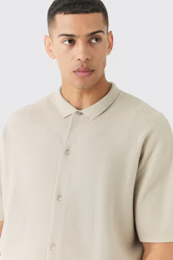 Oversized Boxy Fit Short Sleeve Knitted Shirt | BoohooMAN UK