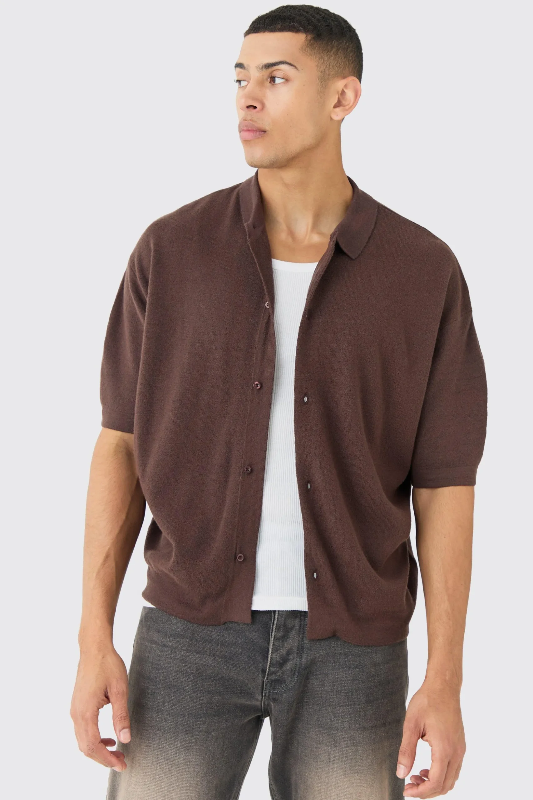 Oversized Boxy Fit Short Sleeve Knitted Shirt | BoohooMAN UK