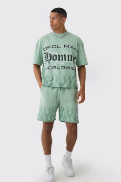 Oversized Boxy Flame Printed T-shirt And Short Set | BoohooMAN UK