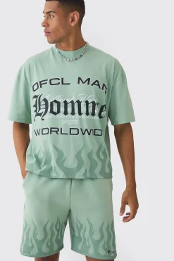 Oversized Boxy Flame Printed T-shirt And Short Set | BoohooMAN UK