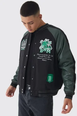 Oversized Boxy Floral Applique Jersey Varsity Jacket | BoohooMAN UK