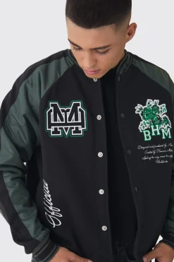 Oversized Boxy Floral Applique Jersey Varsity Jacket | BoohooMAN UK